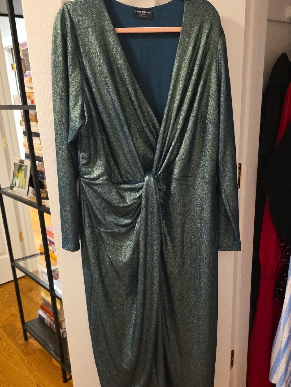 Lane Bryant Shimmery Teal Long Sleeve Knot-Front Maxi Dress
